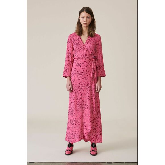 Ganni Barra Crepe Wrap Dress in Pink Floral - Picture 1 of 10